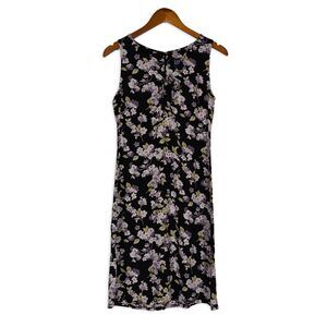Vintage Gap Black Floral Rayon Midi Dress XS Sheer Tie V Neck Y2K 90s Grunge